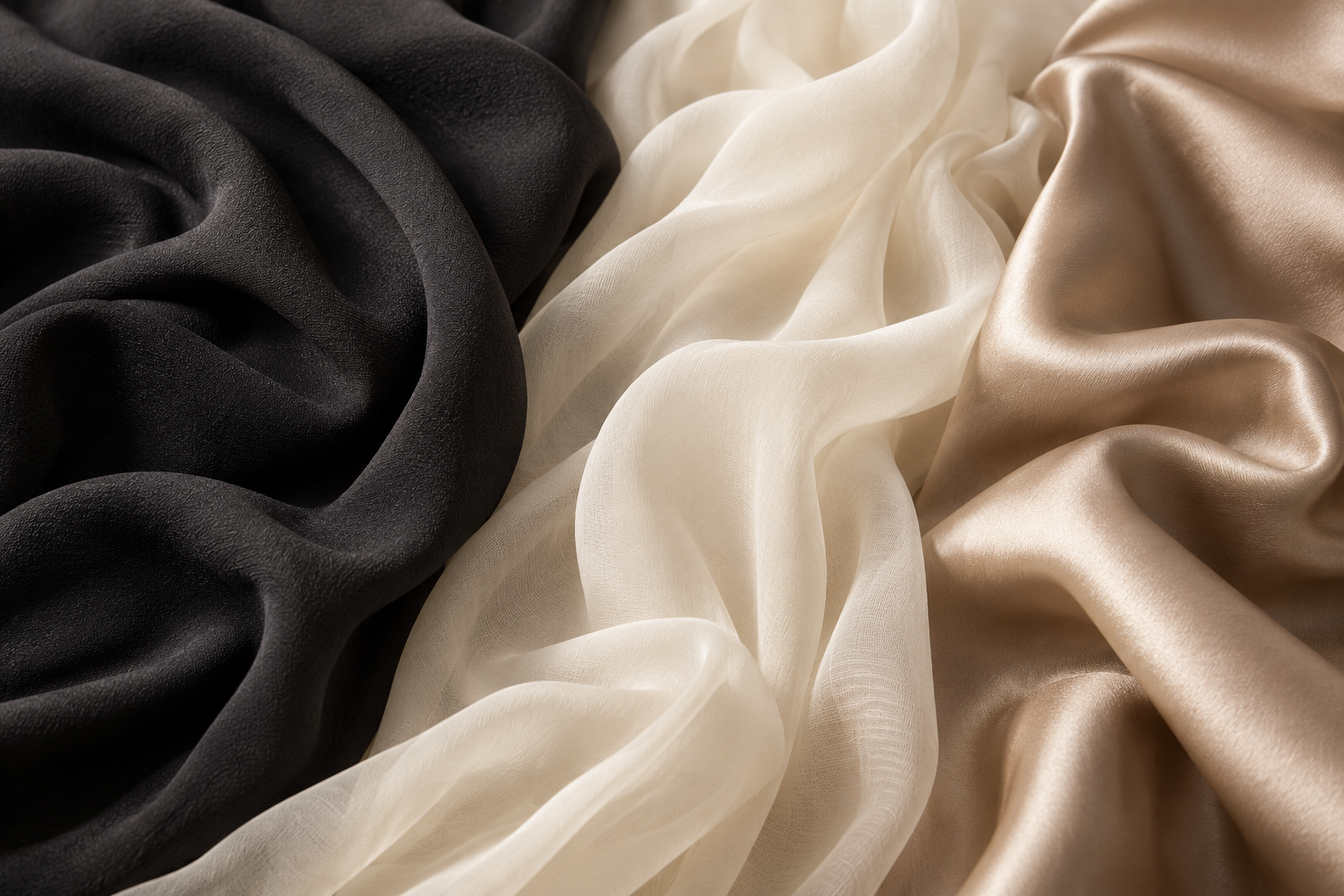 Illustrative still life of draped black, ivory and champagne fabrics